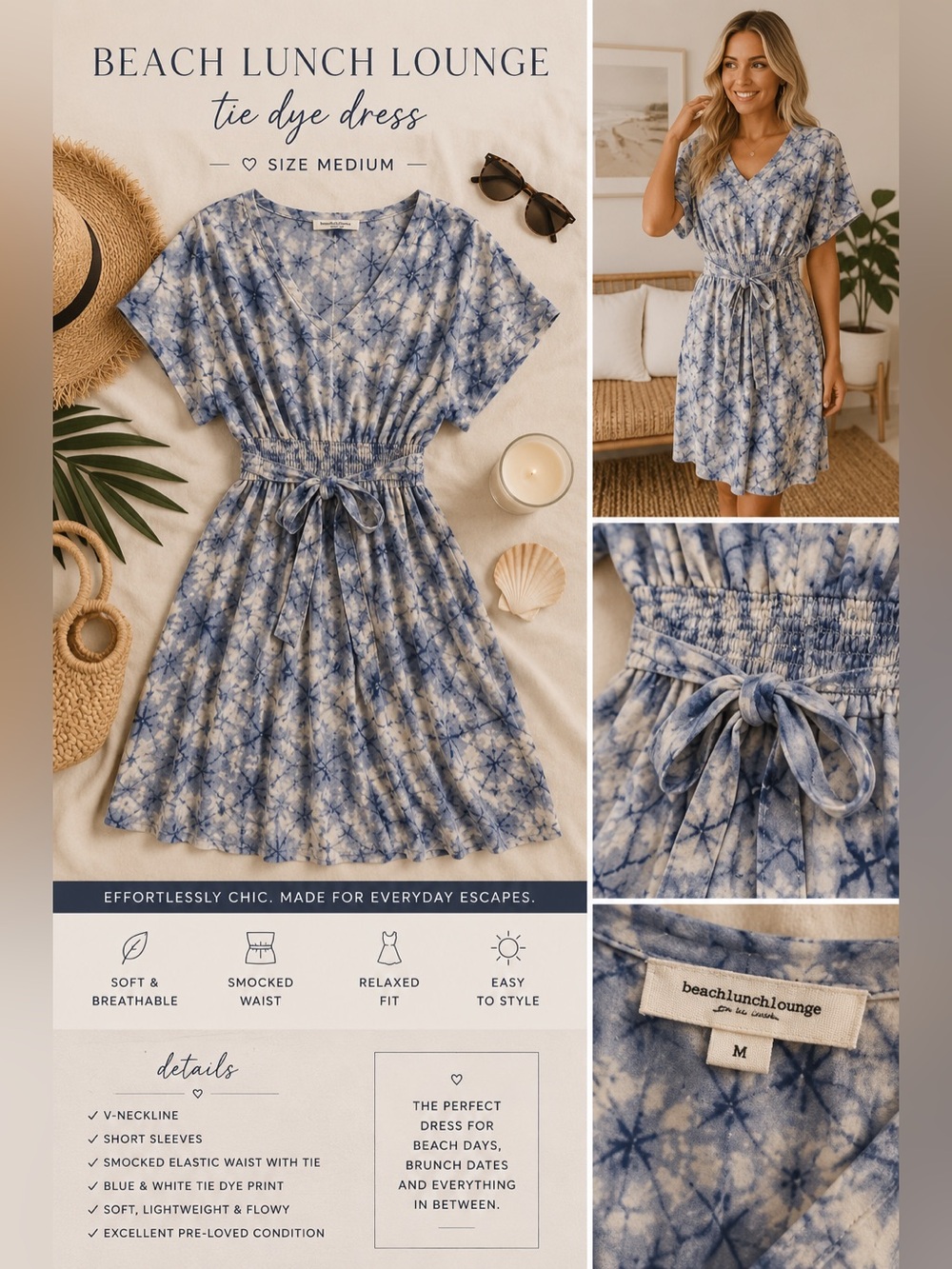 beachlunchlounge Blue & White Tie-Dye V-Neck Smocked Waist Dress